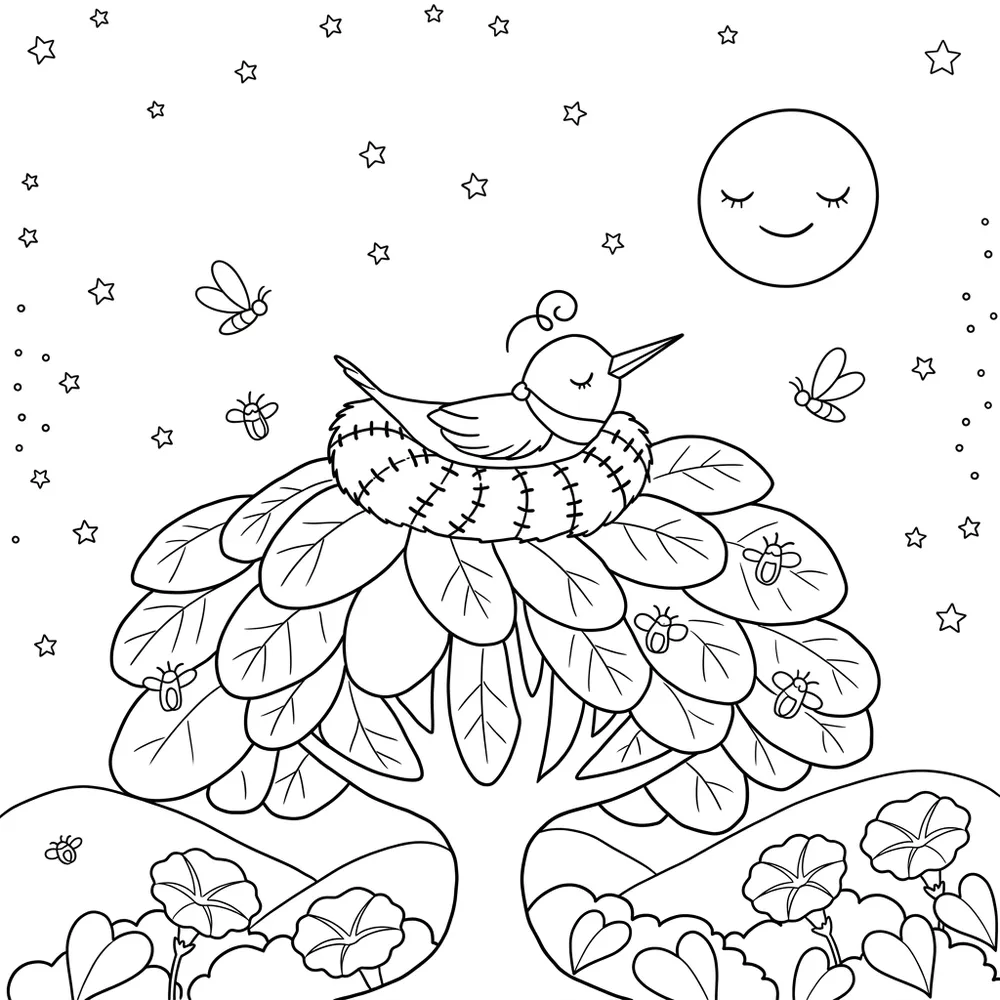 A coloring page from Book 1: Tara asleep in her leaf nest under a smiling moon.